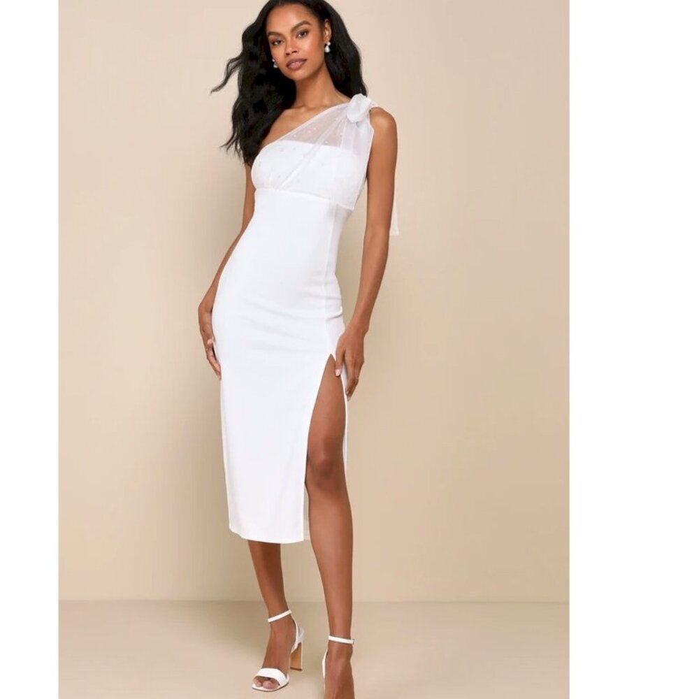 Lulus Elegant Indication Ivory Mesh Pearl One-Shoulder Midi Dress Medium NWOT